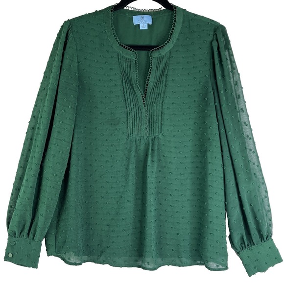 Cece Green Pullover Boho Peasant Lined Long Sleeve Blouse Top Clip Dot Baubles M - Picture 2 of 8